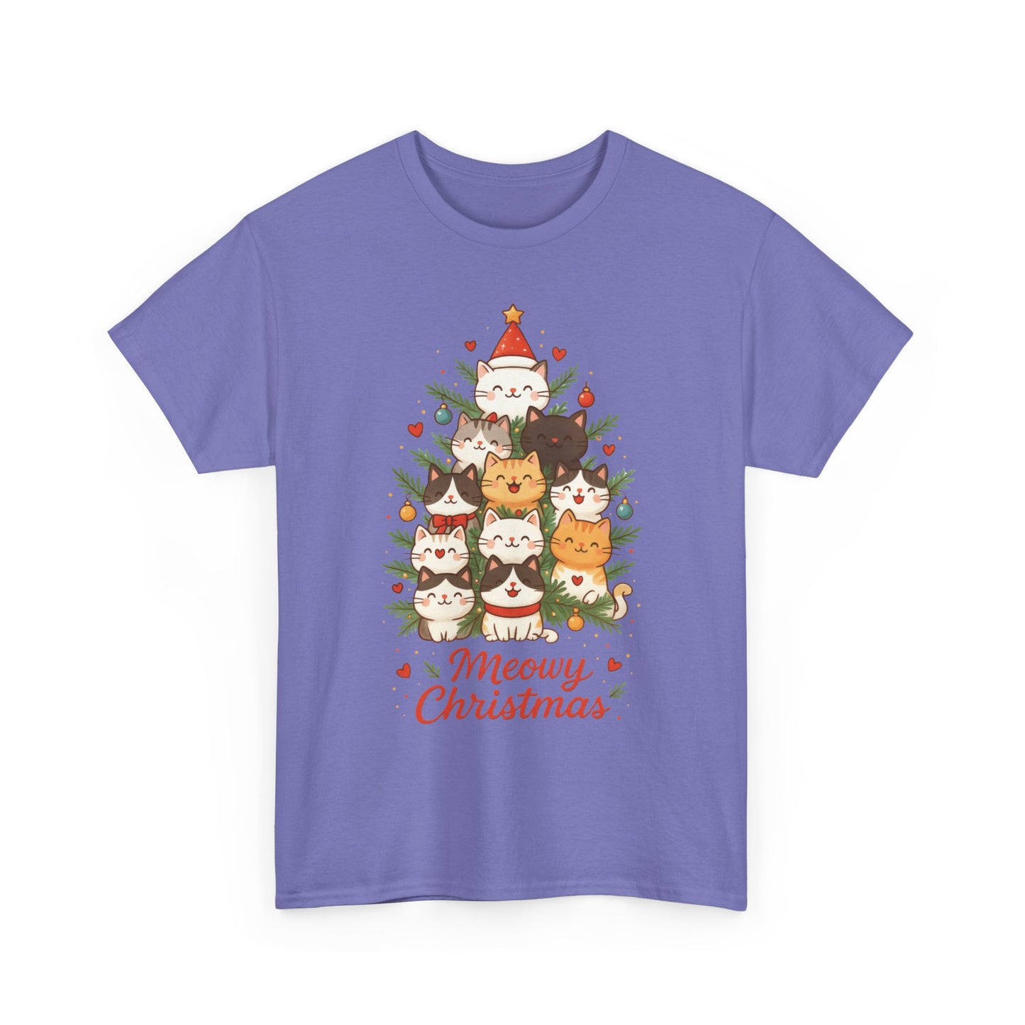Women's Meowy Christmas Cat T-Shirt, Cute Holiday Kitty Tree Tee