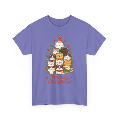 Women's Meowy Christmas Cat T-Shirt, Cute Holiday Kitty Tree Tee