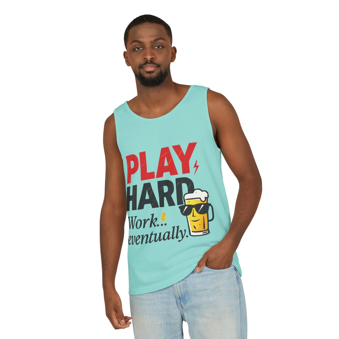 Casual Tank Top with Play Hard Print, Fun Summer Apparel, Gift for Dad or Friends, Beach Wear, Workout Top, Party Attire