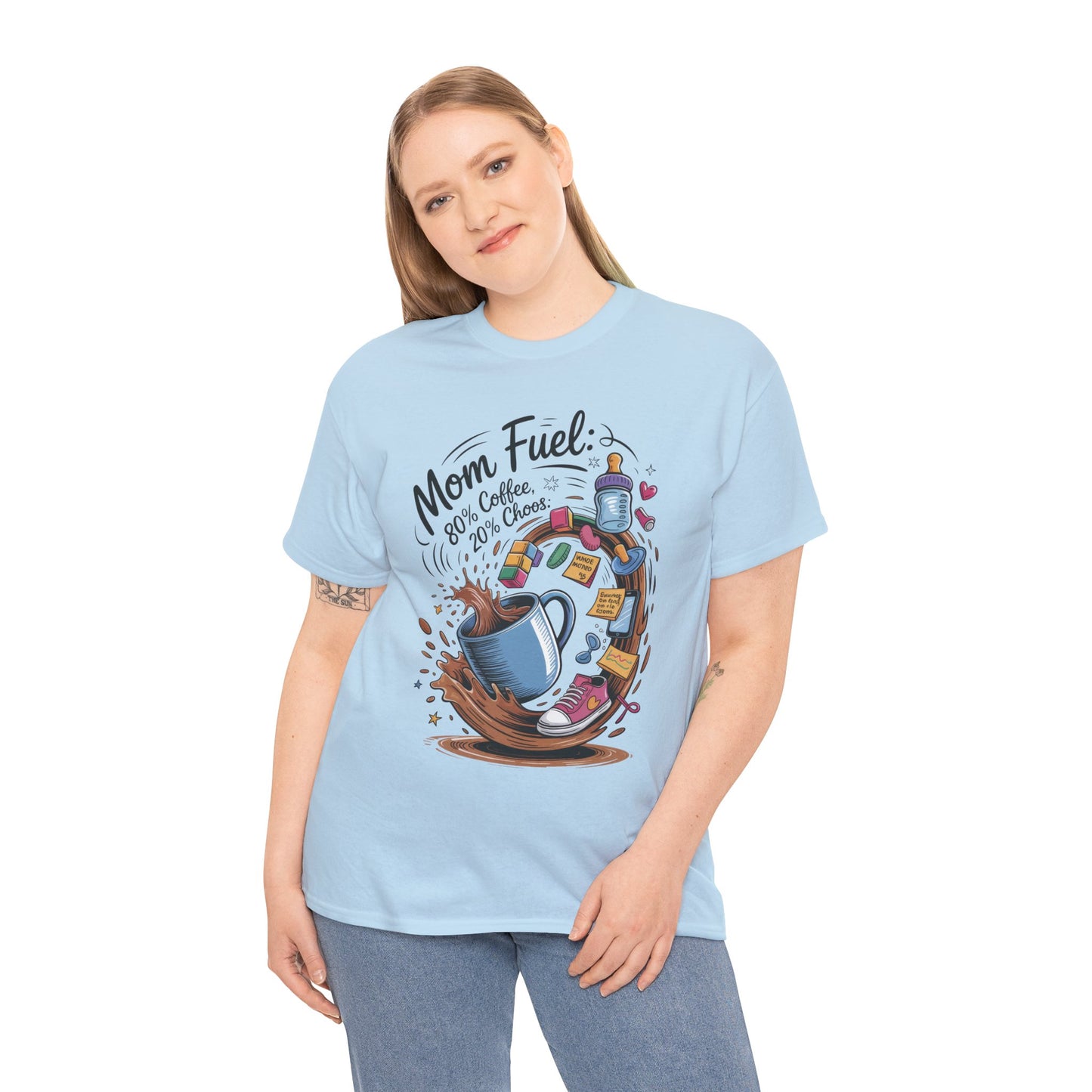 Mom Fuel Heavy Cotton Tee, Funny Coffee Lover T-Shirt, Gift for Moms, Mother's Day, Casual Wear, Pajama Top