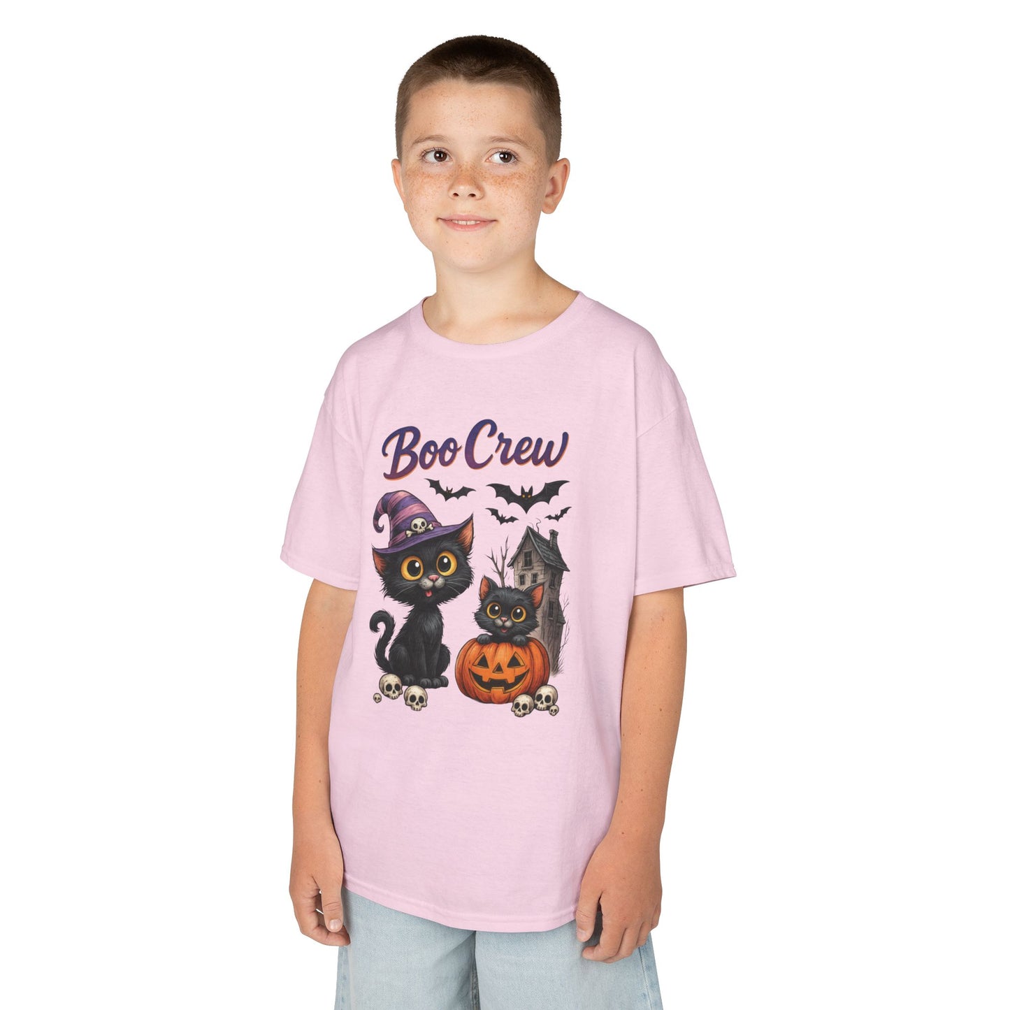 Boo Crew Kids Halloween T-Shirt, Cute Black Cats Pumpkin Design, Fun Spooky Shirt for Girls Boys