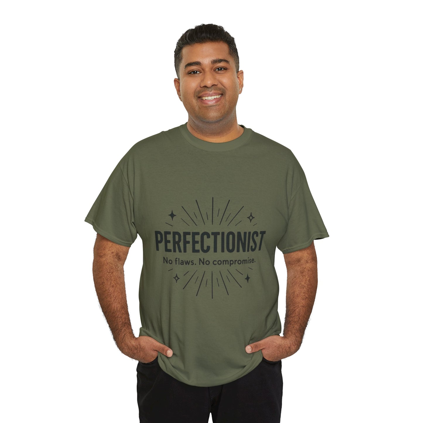 Mens Perfectionist T-Shirt, No Flaws No Compromise, Minimal Bold Graphic Tee, Gift for OCD, Clean Freak, or Detail-Oriented Men