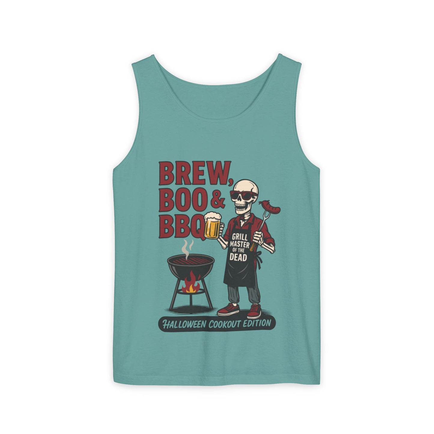 Halloween BBQ Men's Tank Top, Brew Boo & BBQ Skeleton Grill Master, Funny Dad Gift, Grill Master Top, Funny Skeleton Top
