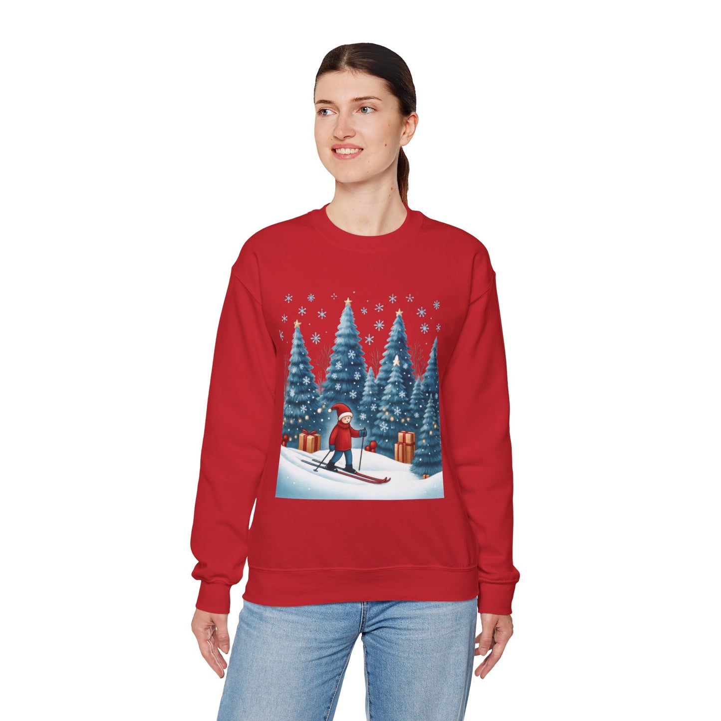 Womens Christmas Skiing Sweatshirt, Cozy Winter Holiday Pullover, Women's Heavy Blend™ Crewneck Sweatshirt
