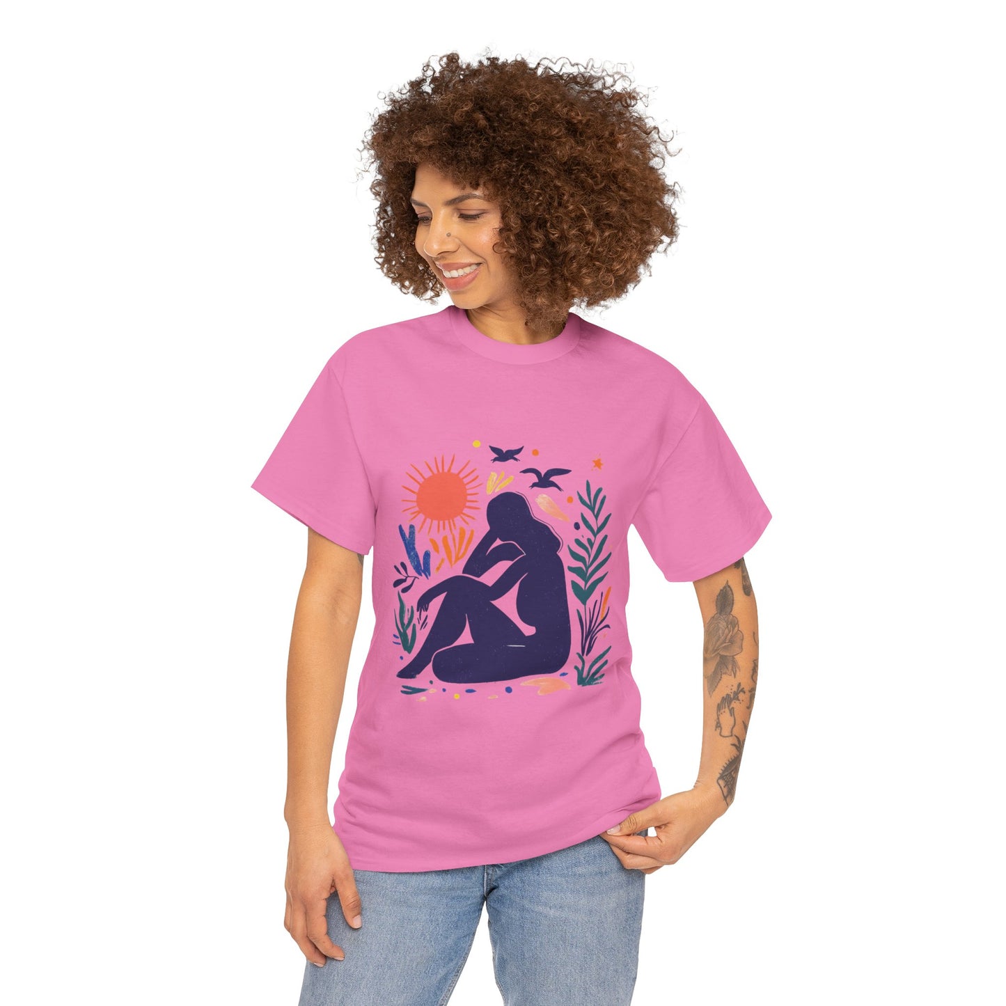 Boho Chic Unisex T-Shirt, Minimal Abstract Woman T-Shirt, Tee for Nature Lovers, Sun and Nature Print, Artistic Silhouette Tee