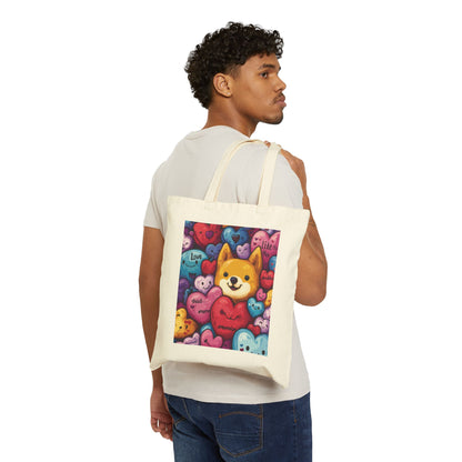 Cute Shiba Inu Heart Tote Bag, Kawaii Dog Meme Canvas Bag, Colorful Cartoon Love Shopper Gift for Dog Lovers & Valentine's Day