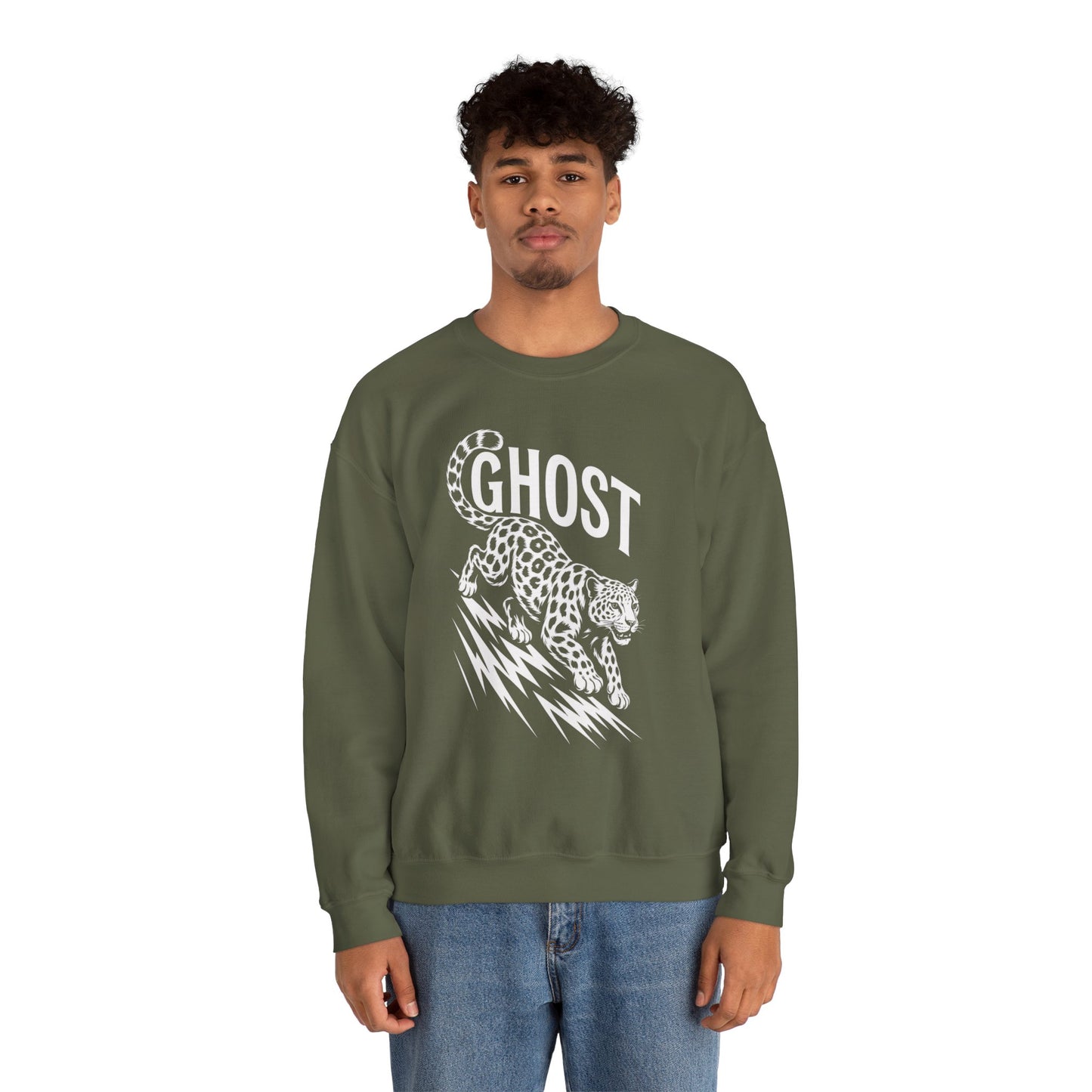 Ghost Leopard Crewneck Sweatshirt, Unisex Fashion, Cozy Casual Wear, Graphic Sweatshirt, Wild Animal Art, Gift for Animal Lovers