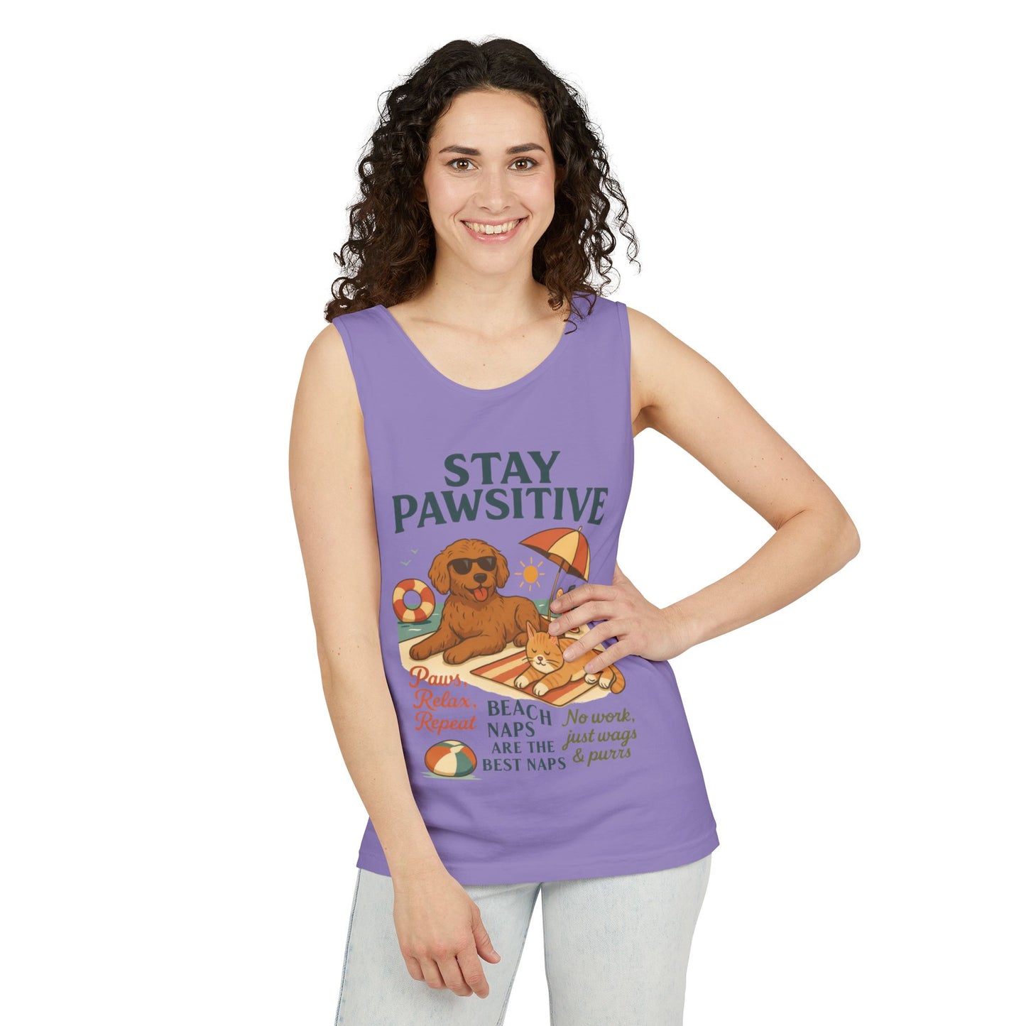 Stay Pawsitive Womens Tank, Cute Dog & Cat Beach Tee, Summer Pet Lover Tee, Animal Graphic Heavy Cotton Tee, Fun Pet Lovers Gift, Summer Top