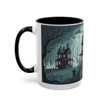 Haunted Mansion Mug, Ghostly Gothic Forest Coffee Cup, Spooky Haunted House Halloween Gift for Horror Lovers, Accent Coffee Mug (11, 15oz)