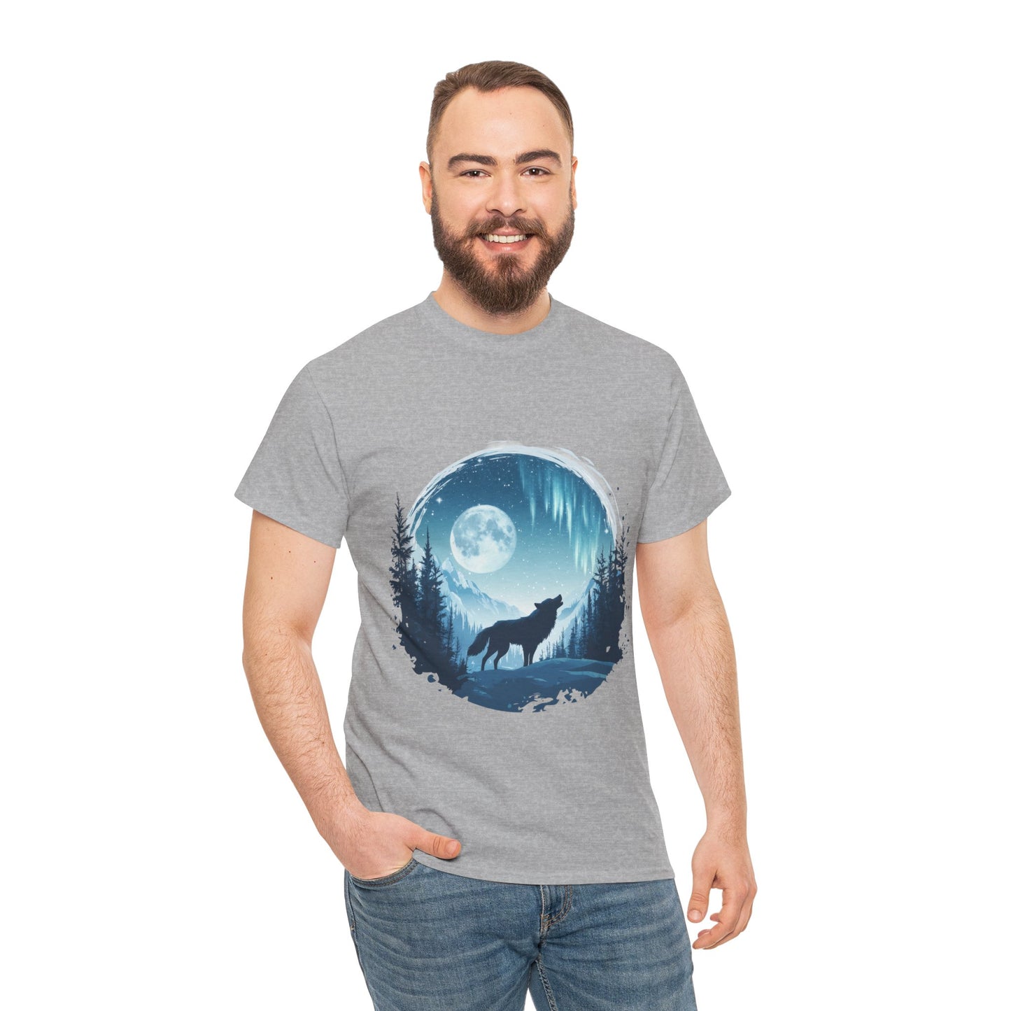 Howling Wolf Under Moonlight Men's T-Shirt, Full Moon Forest Scene Tee, Nature Lover Gift, Outdoor Adventure Clothing