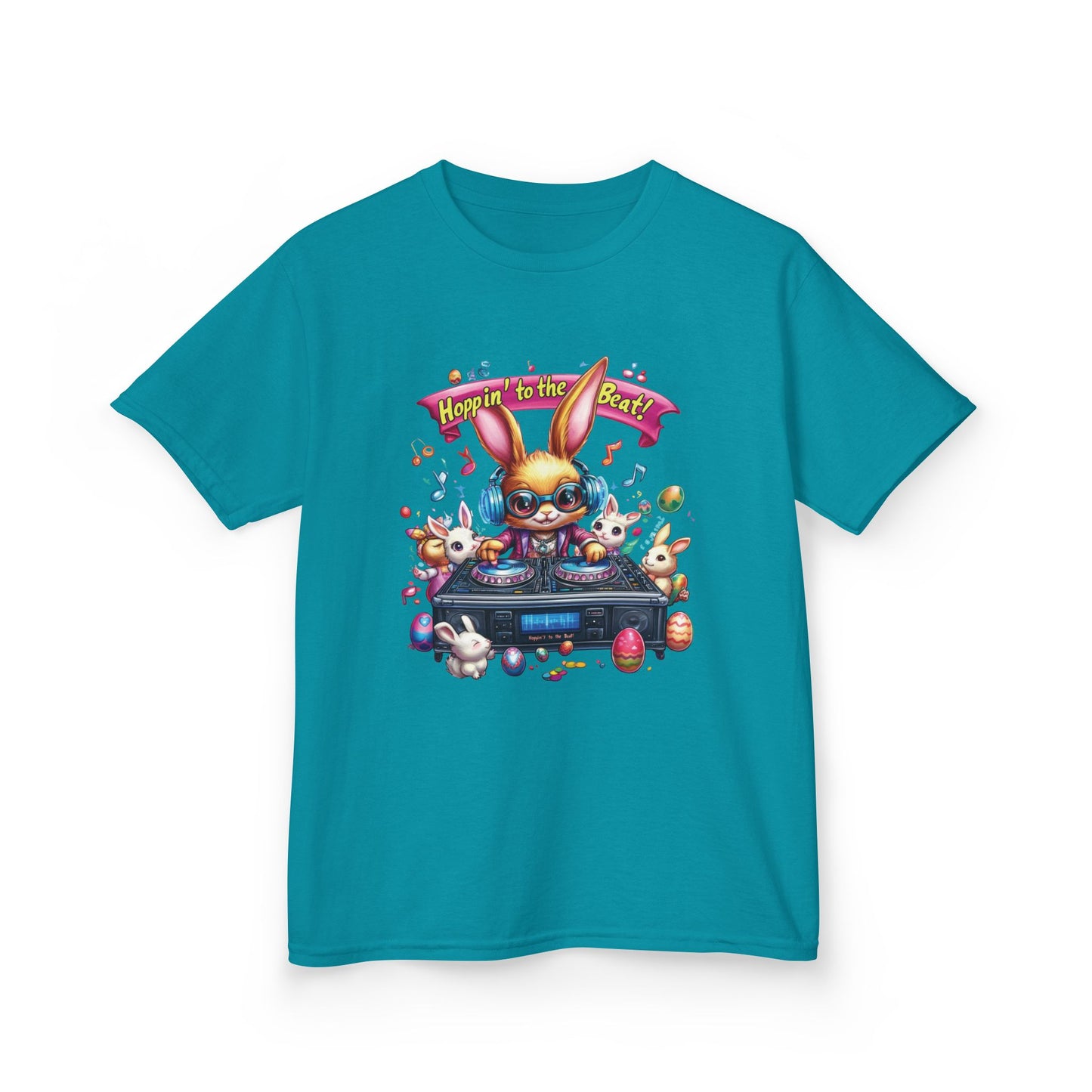 Kids Easter DJ Bunny T-Shirt Fun - Music Themed Spring Tee, Hoppin to the Beat Design, Colorful Holiday Shirt for Boys and Girls