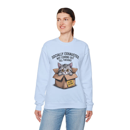 Socially Exhausted Cat Sweatshirt, Funny Cat Crewneck, Gift for Cat Lovers, Cozy Unisex Pullover, Weekend Comfort Apparel