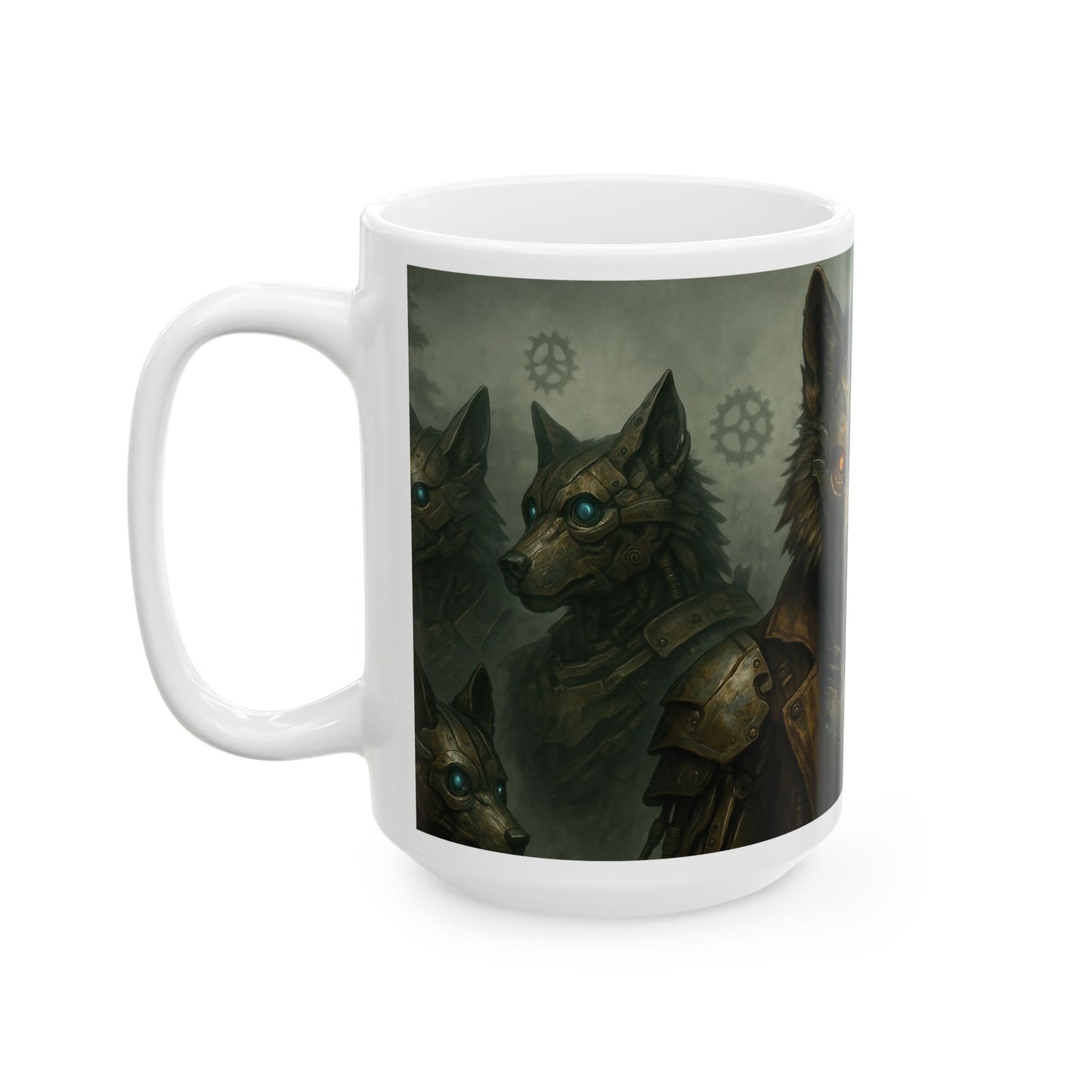 Mug (15oz),Steampunk Wolf Mug, Mechanical Cyber Wolf Coffee Cup, Industrial Fantasy Gear Art Gift, Futuristic Animal Design for Him