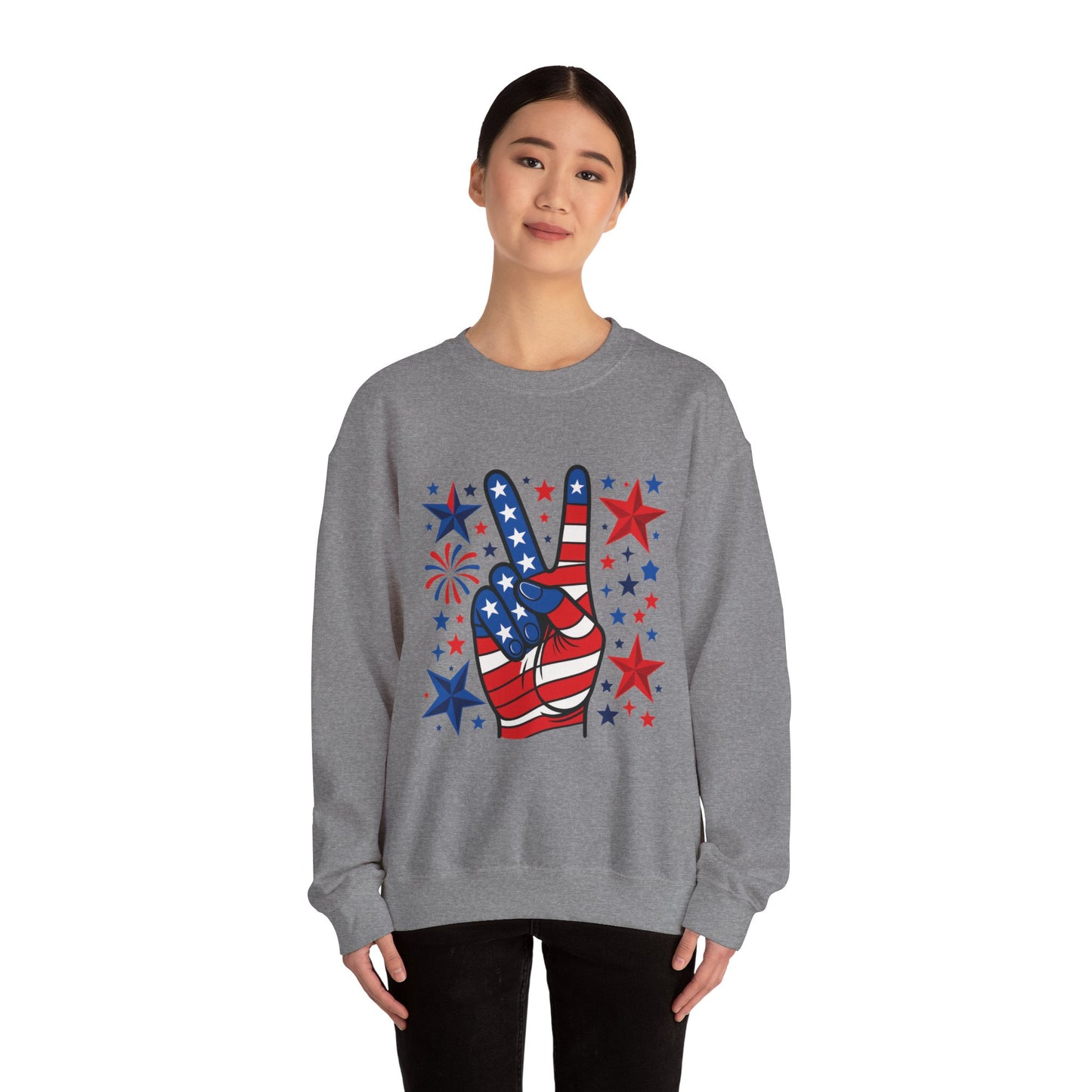 Patriotic Peace Crewneck Sweatshirt - Unisex Heavy Blend, 4th of July Clothing, Peace Sign Design, Casual Wear, Gift for Him/Her