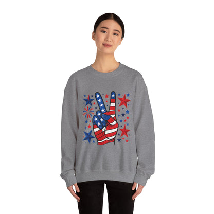 Patriotic Peace Crewneck Sweatshirt - Unisex Heavy Blend, 4th of July Clothing, Peace Sign Design, Casual Wear, Gift for Him/Her