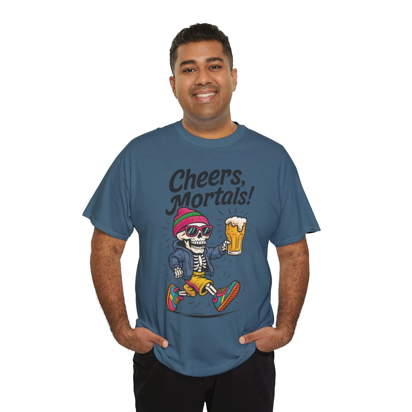 Cheers, Mortals! Mens Tee, Funny Skeleton Beer Graphic Tee, Cool Drinking Humor Shirt, Party Gift for Him, Halloween Tee,  Beer Lovers Gift
