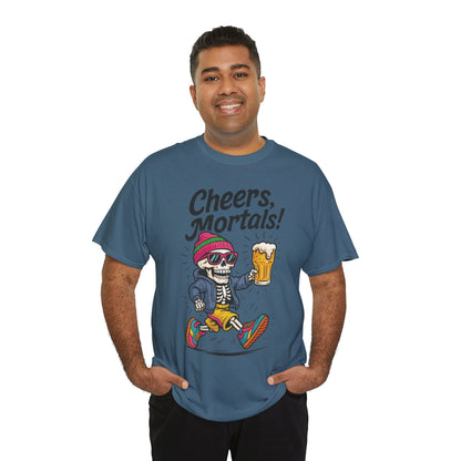 Cheers, Mortals! Mens Tee, Funny Skeleton Beer Graphic Tee, Cool Drinking Humor Shirt, Party Gift for Him, Halloween Tee,  Beer Lovers Gift
