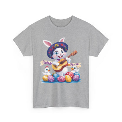 Fiesta de Pascua Bunny Shirt, Funny Easter Rabbit Playing Guitar Tee, Colorful Unisex Heavy Cotton T-Shirt, Cute Holiday Celebration Gift