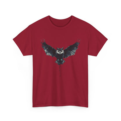 Cool Owl Graphic Unisex Heavy Cotton Tee, Flying Owl Ink Art T-Shirt, Nature Lover Gift, Animal Print Tee, Gothic Bird Graphic Tee
