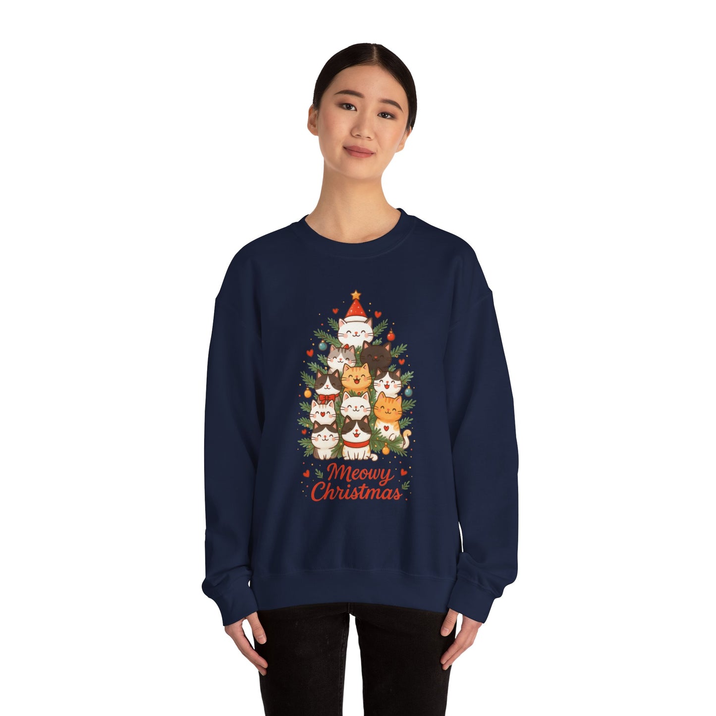 Women's Meowy Christmas Cat Sweatshirt, Cute Holiday Kitty Pullover