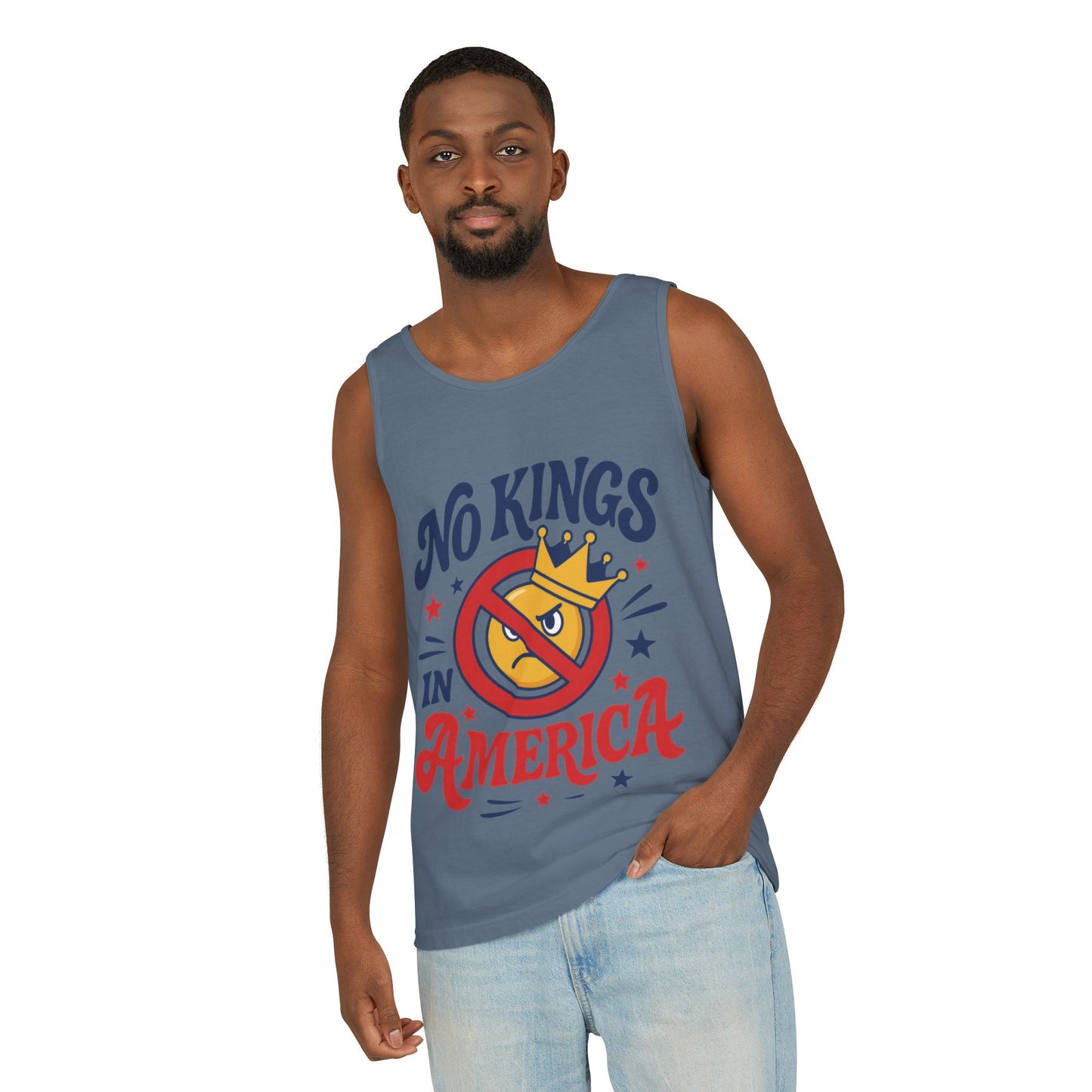No Kings in America Tank Top - Funny Patriotic Anti Monarchy Sleeveless Shirt - USA Freedom Top, Unisex Summer Apparel, USA Independence Day