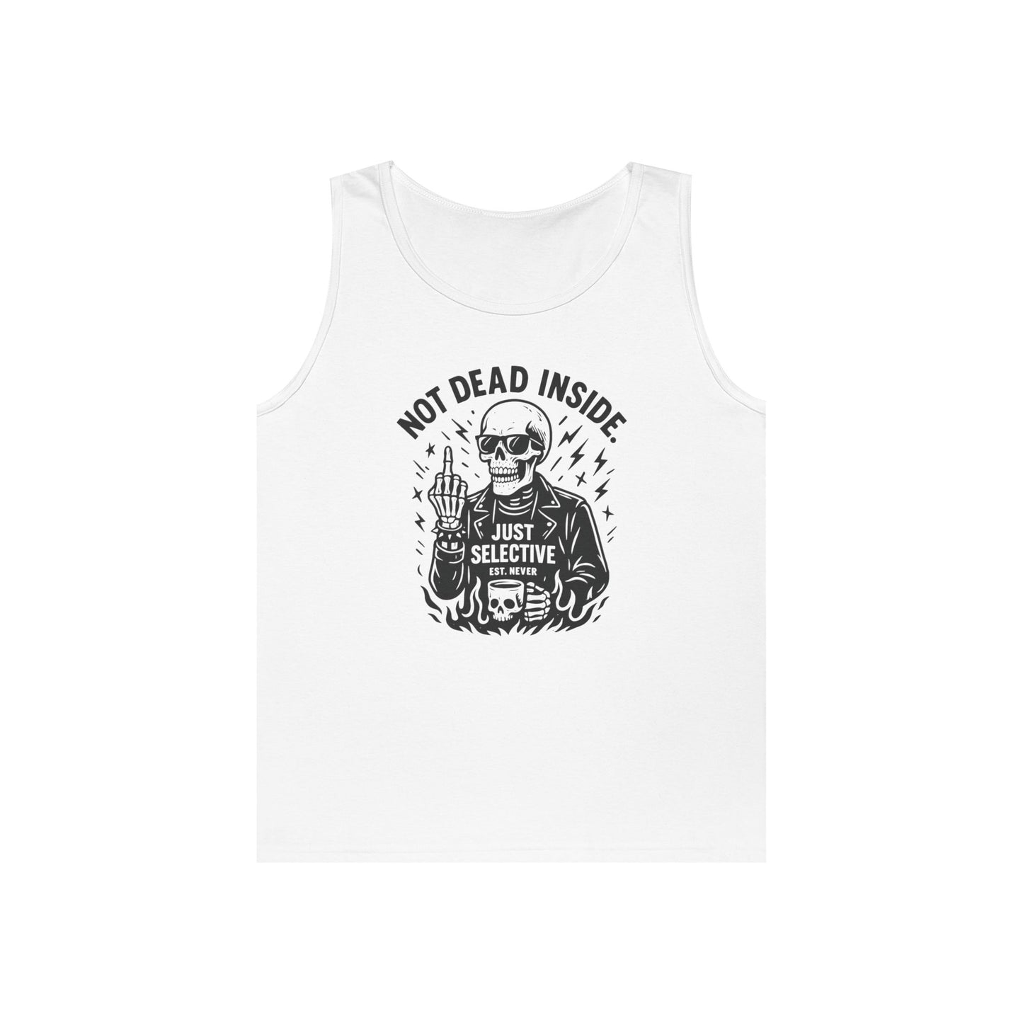 Mens Dark Humor Graphic Tank Top, Not Dead Inside, Funny Graphic Tee, Gifts for Him, Halloween, Occasions, Funny Skeleton Tee