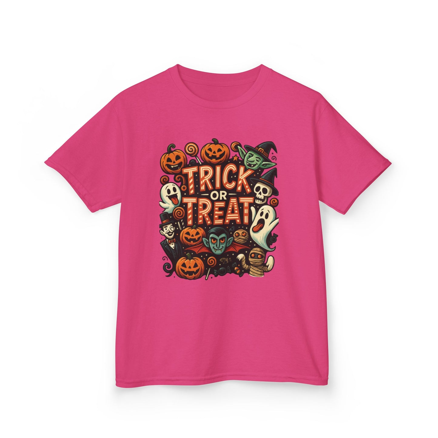 Kids Trick or Treat T-Shirt, Halloween Graphic Tee with Pumpkins, Ghosts & Vampires, Fun Spooky Shirt for Children