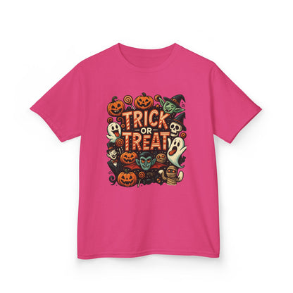 Kids Trick or Treat T-Shirt, Halloween Graphic Tee with Pumpkins, Ghosts & Vampires, Fun Spooky Shirt for Children
