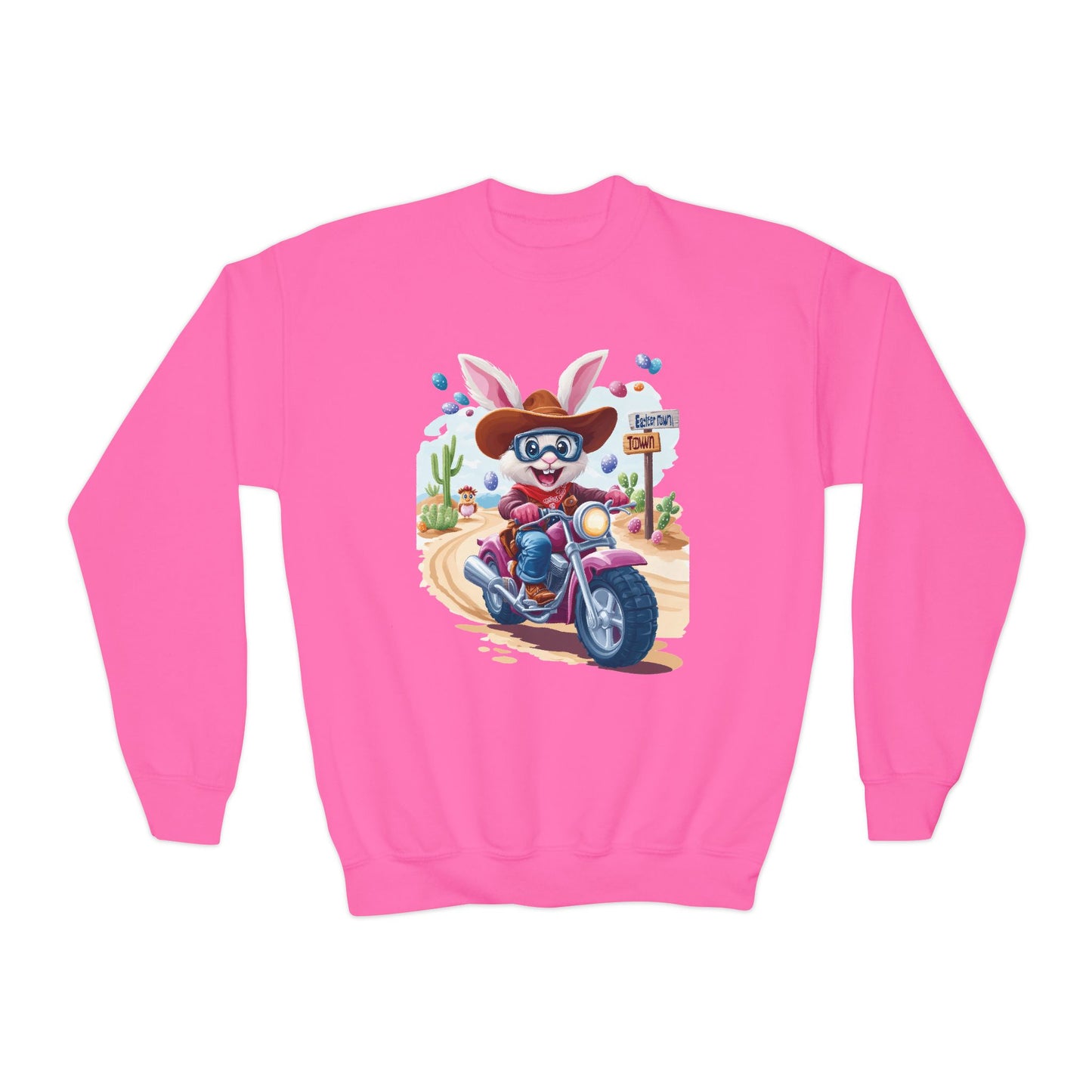 Biker Bunny Youth Sweatshirt - Fun Easter Bunny Riding Motorcycle, Cute Spring Gift for Kids, Playful Holiday Crewneck for Boys & Girls