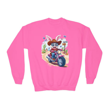 Biker Bunny Youth Sweatshirt - Fun Easter Bunny Riding Motorcycle, Cute Spring Gift for Kids, Playful Holiday Crewneck for Boys & Girls