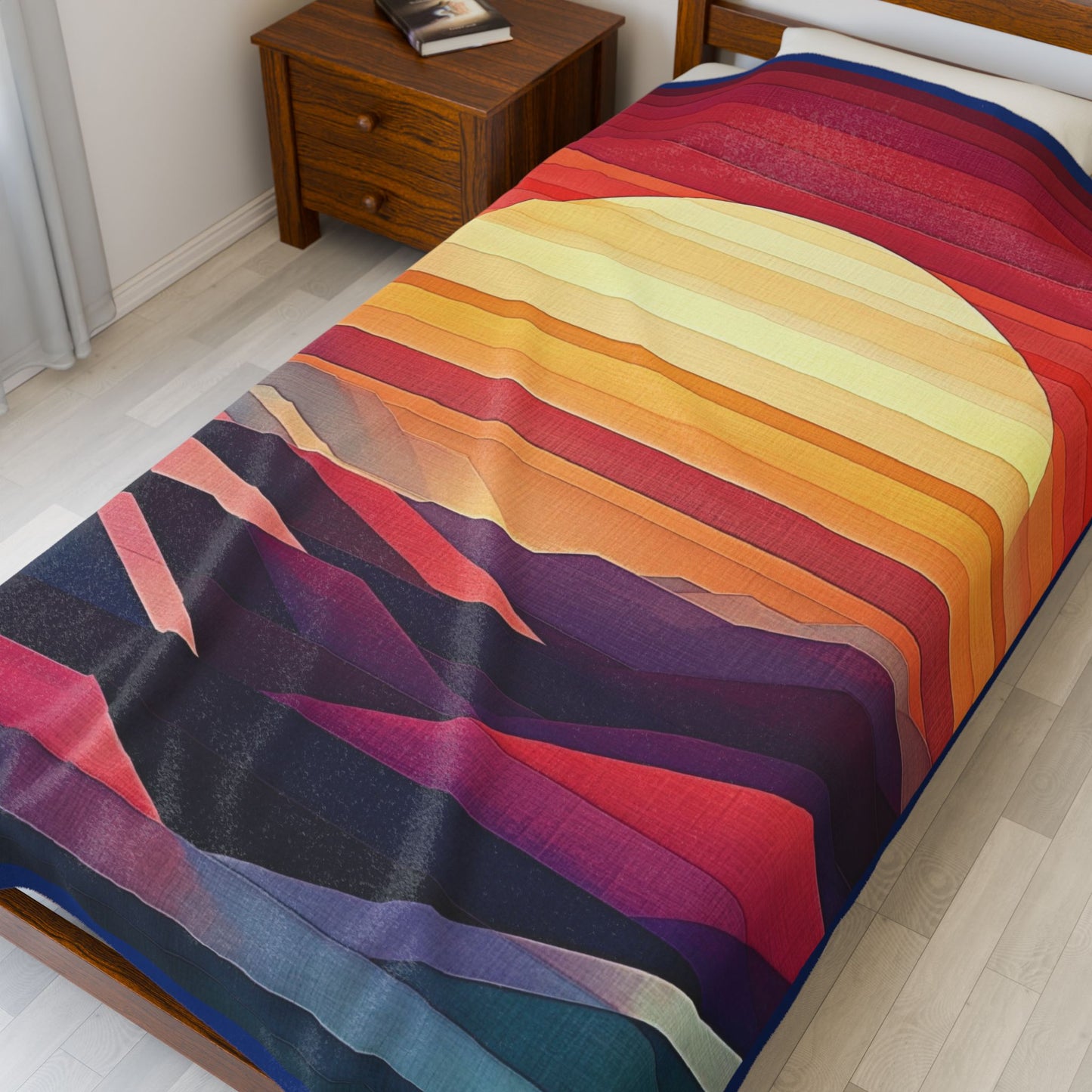 Abstract Sunset Mountain Velveteen Plush Blanket, Geometric Boho Landscape Throw Blanket, Warm Cozy Modern Art Home Decor Gift