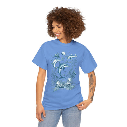 Ocean Life Dolphin T-Shirt, Women's Cotton Tee with Underwater Sea Creatures, Marine Nature Gift Shirt, Perfect for Beach Lovers