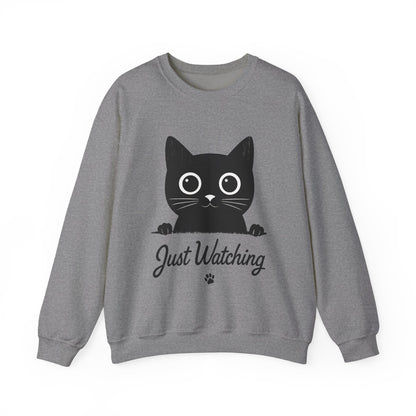 Funny Black Cat Womens Crewneck Sweatshirt - Just Watching Minimalist Kitty Pullover - Cozy Cat Lover Gift, Pet Owner Apparel