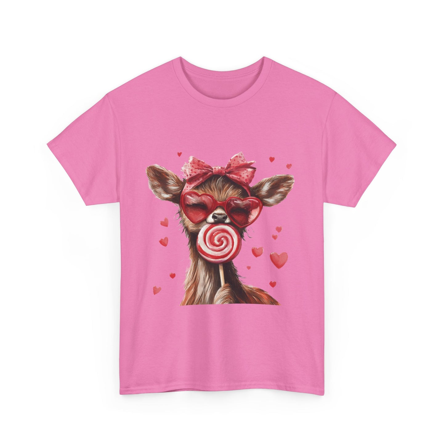 Cute Deer with Heart Glasses and Lollipop, Valentine's Day Heavy Cotton Tee, Fun Animal Love Shirt Gift for Her, Animal Lovers Shirt