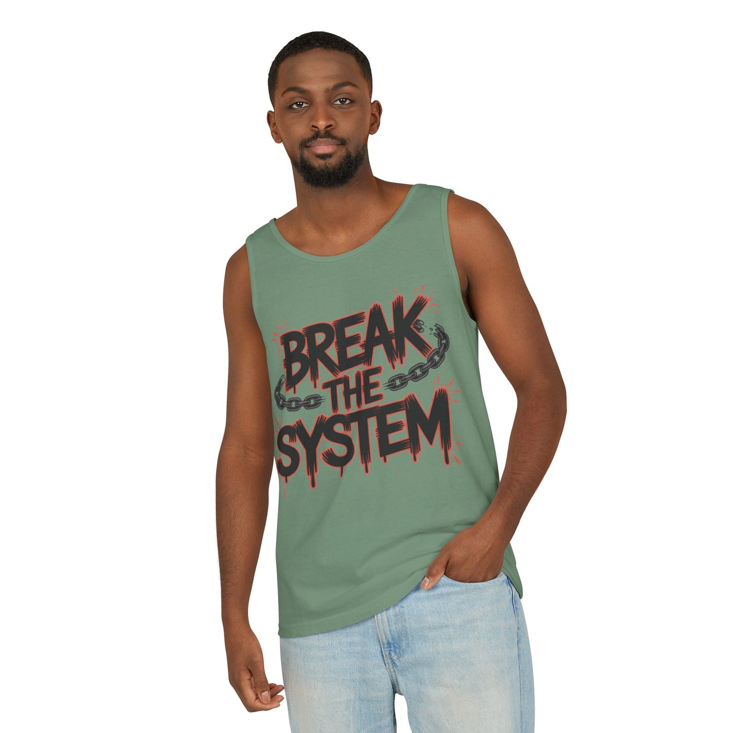 Men's Garment-Dyed Tank Top, Break the System Tank Top, Graphic Protest Muscle Tee, Streetwear Activist Summer Top