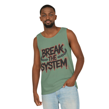 Men's Garment-Dyed Tank Top, Break the System Tank Top, Graphic Protest Muscle Tee, Streetwear Activist Summer Top