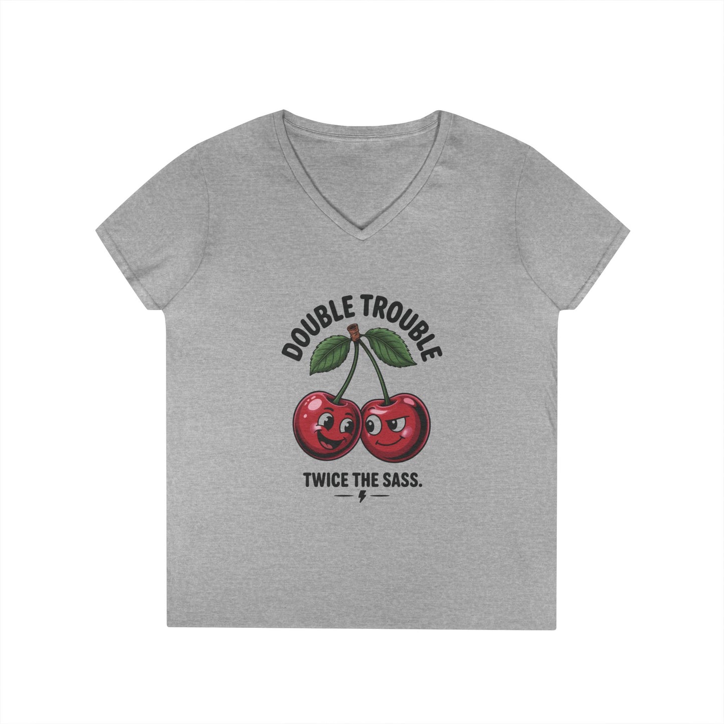 Double Trouble Cherry Ladies V-Neck T-Shirt, Funny Cute Womens T-Shirt, Twice the Sass Quote Shirt, Sassy Cherry Cartoon Gift