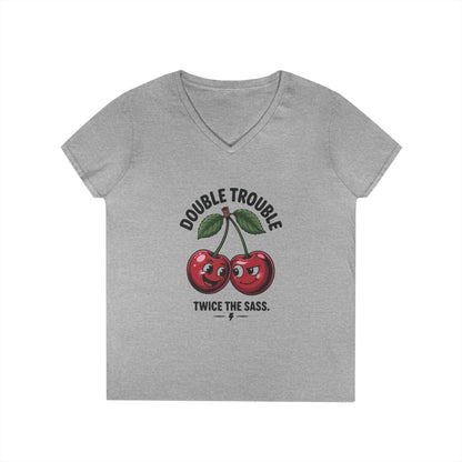 Double Trouble Cherry Ladies V-Neck T-Shirt, Funny Cute Womens T-Shirt, Twice the Sass Quote Shirt, Sassy Cherry Cartoon Gift