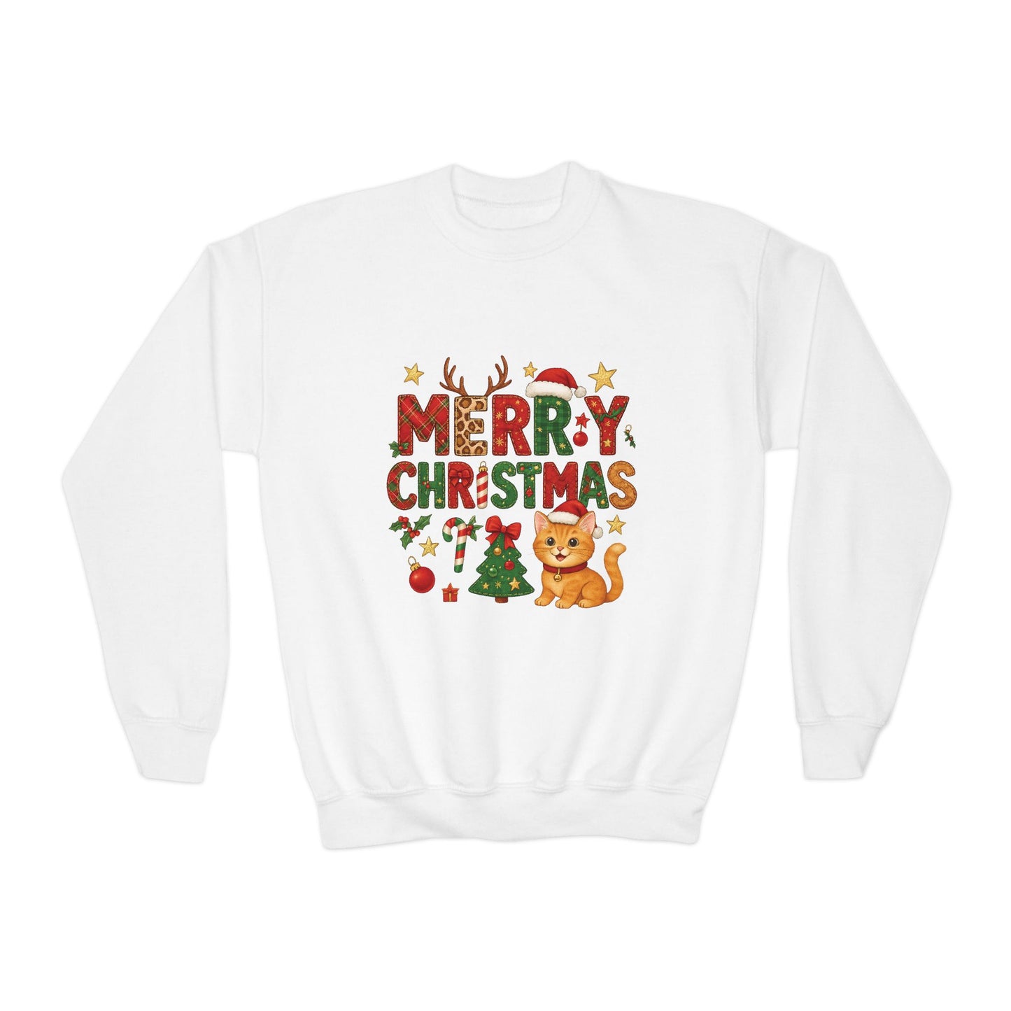 Merry Christmas Cat Sweatshirt for Girls, Cozy Holiday Kitten Jumper, Youth Crewneck Sweatshirt