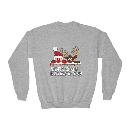 Santa Claus Is Coming to Town Kids Christmas Sweatshirt, Cute Santa - Reindeer Holiday Jumper