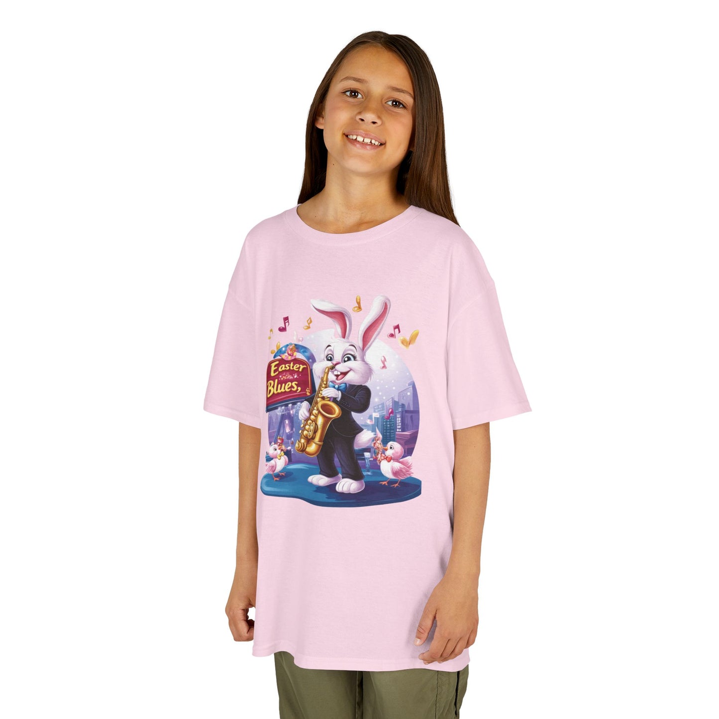Easter Blues Bunny Kids T-Shirt - Cute Jazz Music Themed Tee for Boys and Girls, Fun Spring Gift, Bunny Playing Saxophone Design