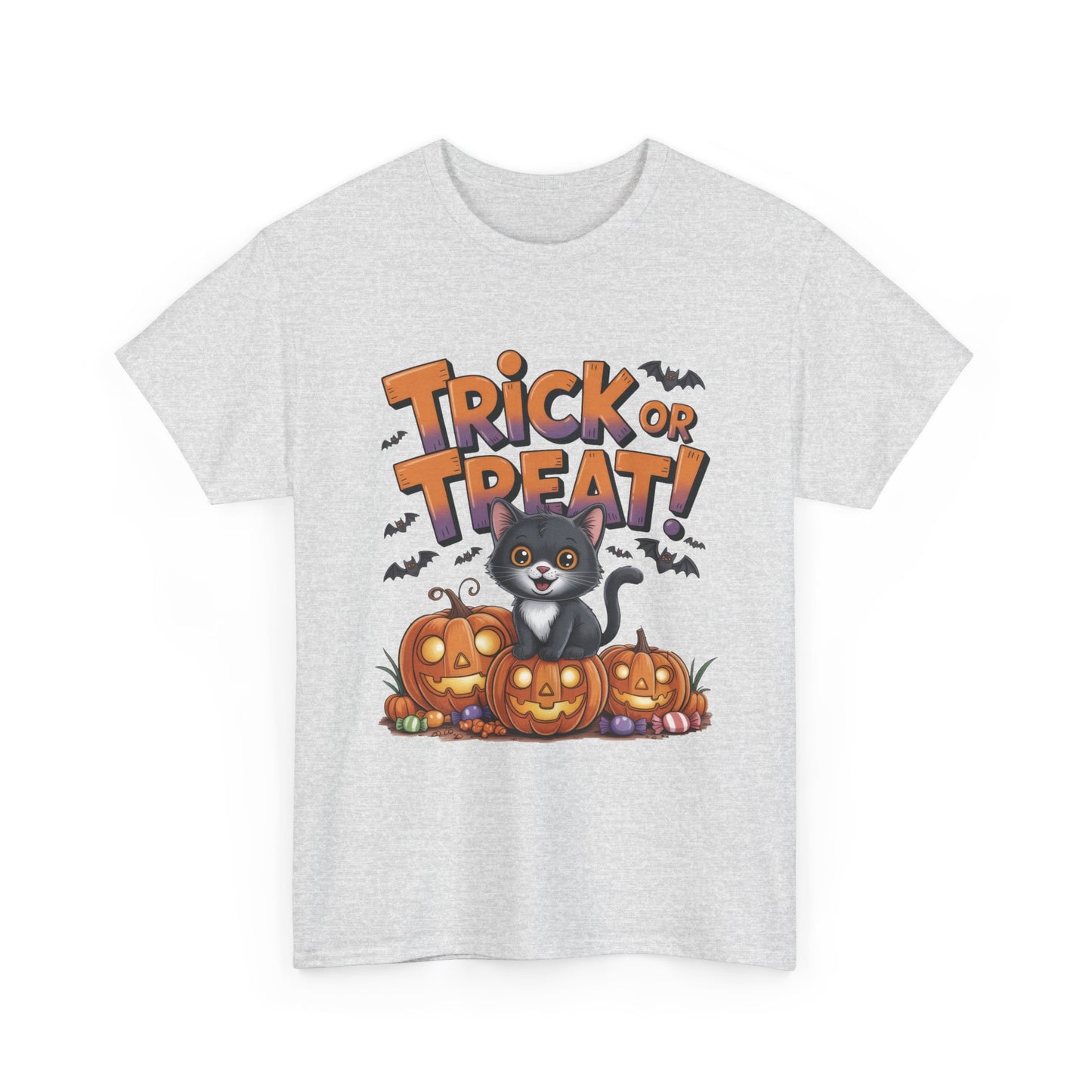 Cute Black Cat Trick or Treat Halloween T-Shirt for Women, Funny Pumpkin Cat Tee, Spooky Fall Shirt, Matching Family Halloween Shirts