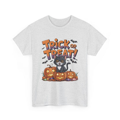 Cute Black Cat Trick or Treat Halloween T-Shirt for Women, Funny Pumpkin Cat Tee, Spooky Fall Shirt, Matching Family Halloween Shirts