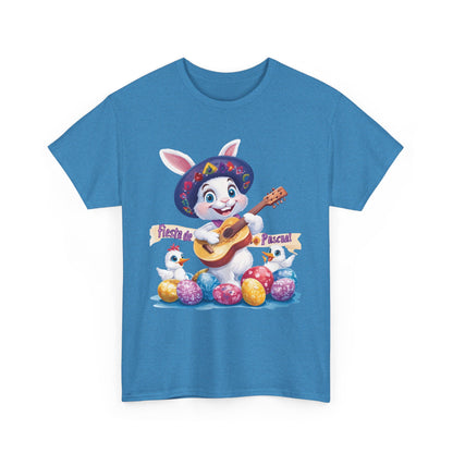 Fiesta de Pascua Bunny Shirt, Funny Easter Rabbit Playing Guitar Tee, Colorful Unisex Heavy Cotton T-Shirt, Cute Holiday Celebration Gift