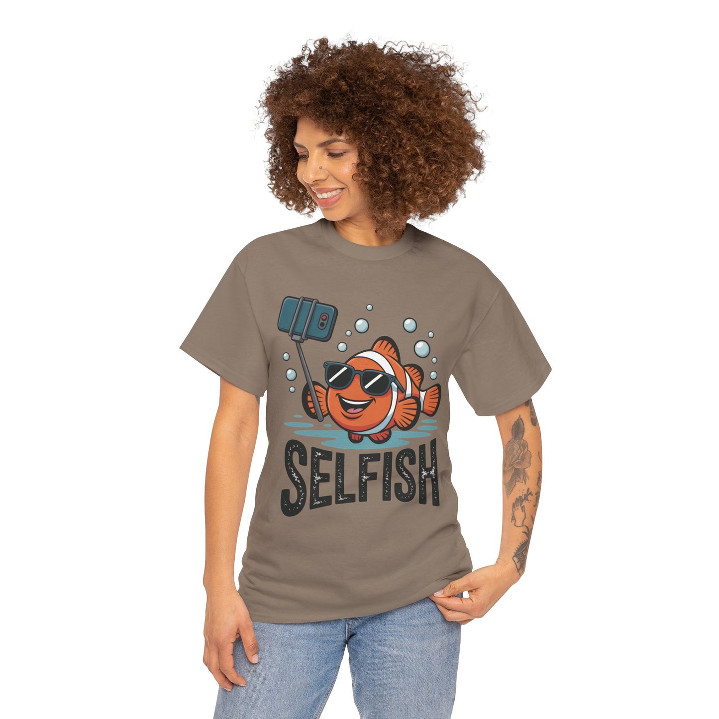 Unisex Heavy Cotton Tee, Mens Selfish Funny Fish T-Shirt, Cute Selfie Graphic Tee, Ocean Humor Shirt