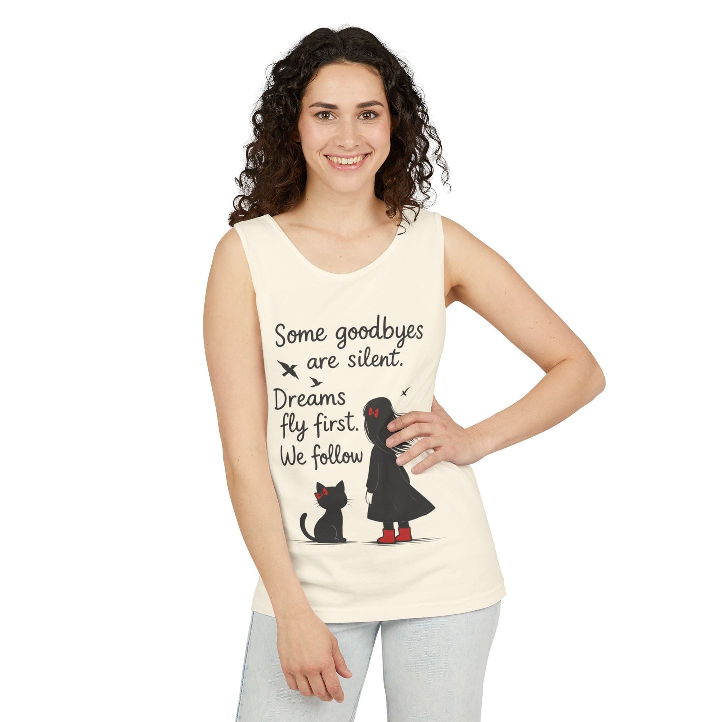 Minimalist Tank Top, Womens Tank, Girl & Cat Art Print, Emotional Lightweight Summer Shirt,  Inspirational Apparel, Cat Lover Gift