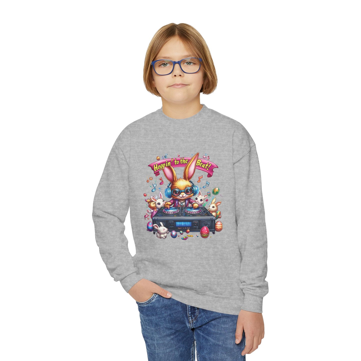 DJ Bunny Easter Kids Sweatshirt - Fun Music Bunny Crewneck for Spring, Hoppin' to the Beat Design, Cute Gift for Easter & Parties