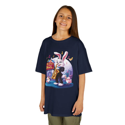 Easter Blues Bunny Kids T-Shirt - Cute Jazz Music Themed Tee for Boys and Girls, Fun Spring Gift, Bunny Playing Saxophone Design