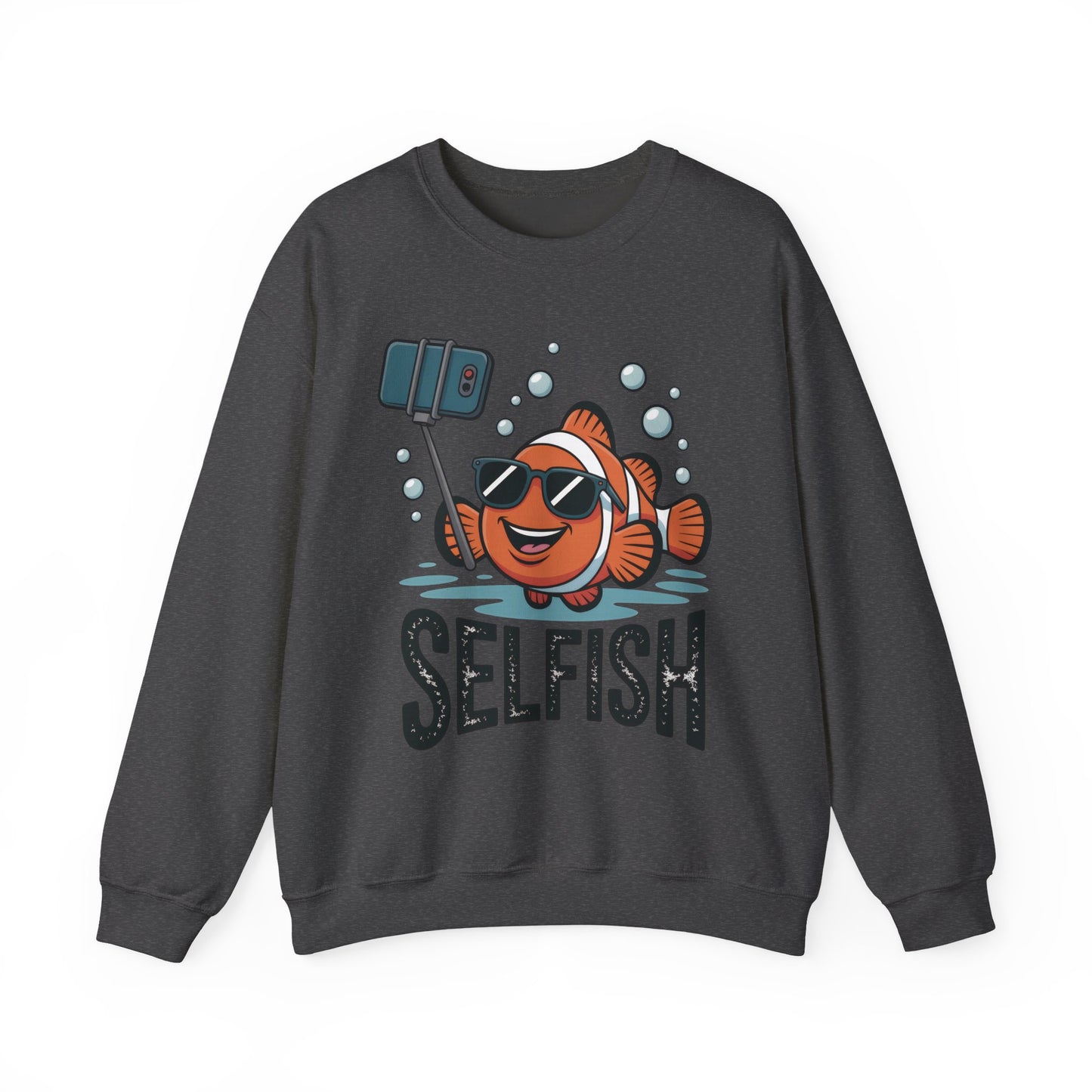 Unisex Heavy Blend™ Crewneck Sweatshirt, Mens Selfish Funny Fish Sweatshirt, Cute Selfie Pullover, Ocean Humor Top