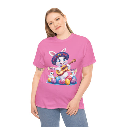 Fiesta de Pascua Bunny Shirt, Funny Easter Rabbit Playing Guitar Tee, Colorful Unisex Heavy Cotton T-Shirt, Cute Holiday Celebration Gift